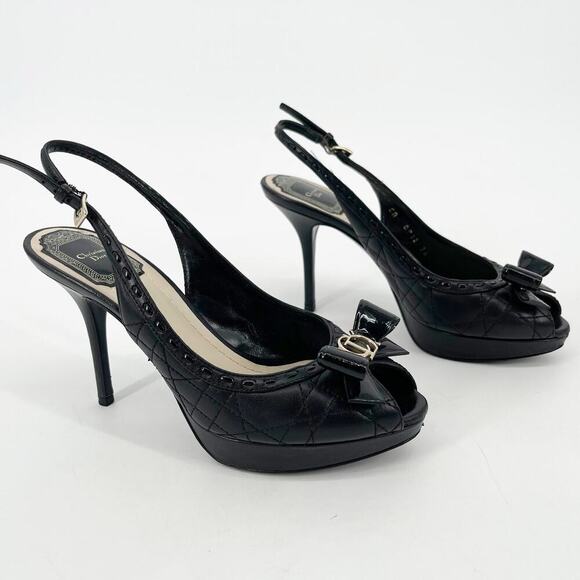 Dior Black Cannage Patent and Leather Bow CD Logo Slingback Pump size 36 - Picture 1 of 11